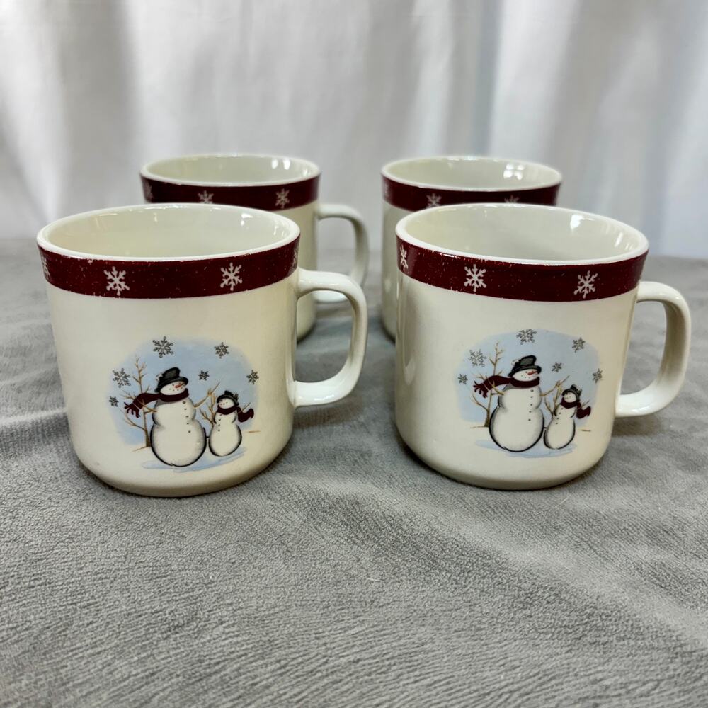 Royal Seasons Snowmen Stoneware Mugs Cups Lot of 4 New Red Rim RN3 8 Ounce